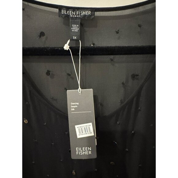 Eileen Fisher Dancing Sequin Silk Top Size 3X Black Sheer Mesh Dolman Sleeve NWT - Picture 4 of 7